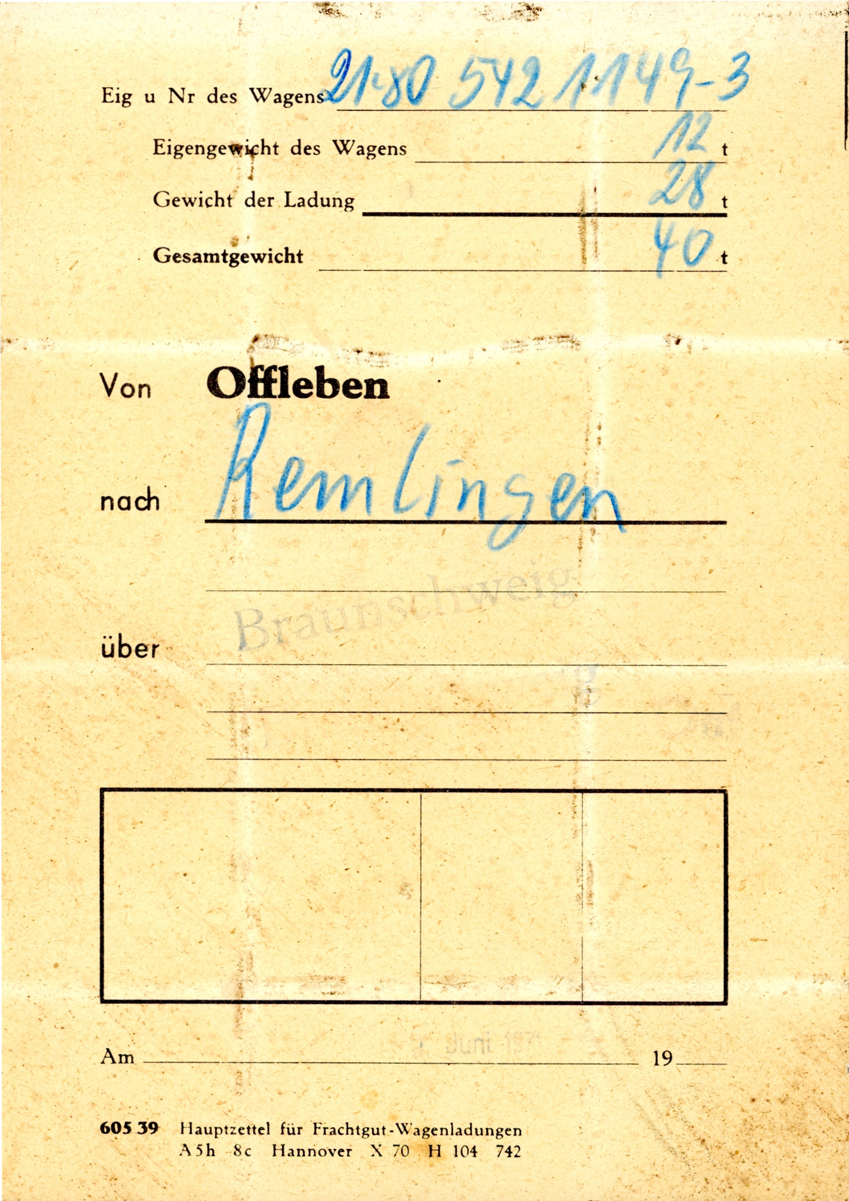 Frachtzettel Offleben - Remlingen