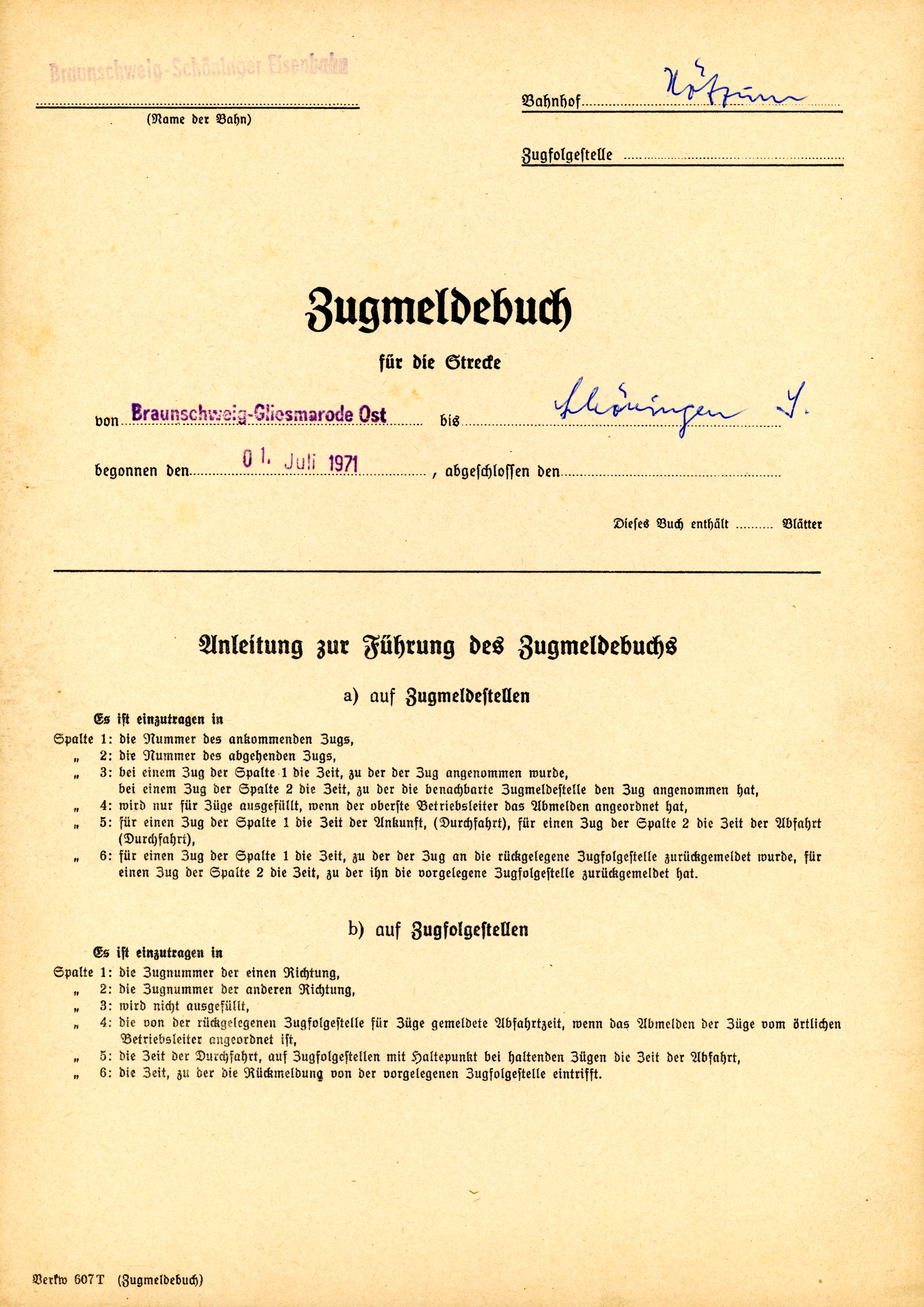 Zugmeldebuch H�tzum - Sch�ningen-S�d